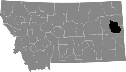 Black highlighted location map of the Dawson County inside gray map of the Federal State of Montana, USA