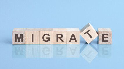 migrate word is made of wooden building blocks lying on the yellow table, concept
