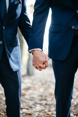 Two grooms holding hands during wedding ceremony