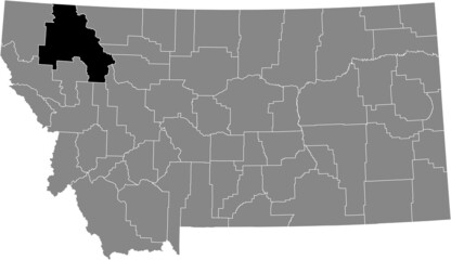 Black highlighted location map of the Flathead County inside gray map of the Federal State of Montana, USA