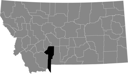 Black highlighted location map of the Gallatin County inside gray map of the Federal State of Montana, USA