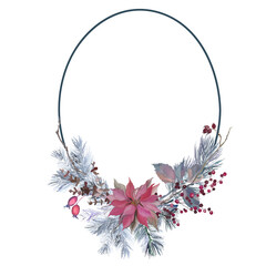 Winter frame with pine, rose hip branches and red berries