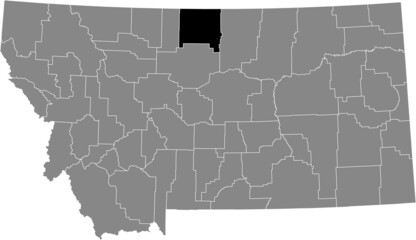 Black highlighted location map of the Hill County inside gray map of the Federal State of Montana, USA