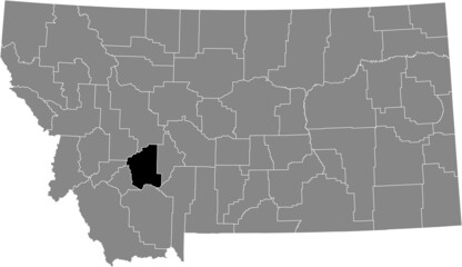 Black highlighted location map of the Jefferson County inside gray map of the Federal State of Montana, USA