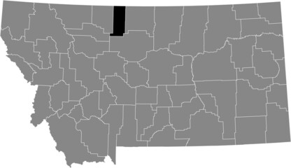 Black highlighted location map of the Liberty County inside gray map of the Federal State of Montana, USA