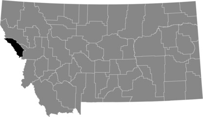 Black highlighted location map of the Mineral County inside gray map of the Federal State of Montana, USA
