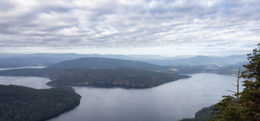 Aerial View of Vancouver Island from the top of Mt. Maxwell. Cloudy Summer Morning. Taken in Salt Spring Island, British Columbia, Canada. Canadian Nature Background