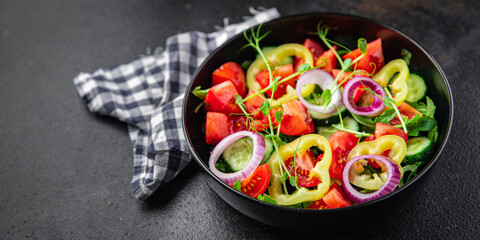 salad vegetables tomato, cucumber, pepper, onion, olive oil healthy food fresh portion veggie ready to eat meal snack on the table copy space food background rustic keto or paleo diet vegan
