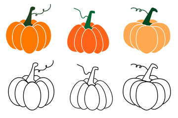 set of hand drawn pumpkins in various shapes, black outlined and colored.  cute and cartoon style suitable for decoration and Halloween invitation.