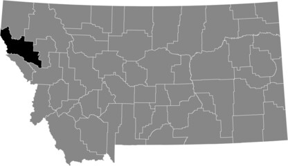 Black highlighted location map of the Sanders County inside gray map of the Federal State of Montana, USA