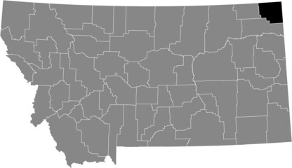Obraz premium Black highlighted location map of the Sheridan County inside gray map of the Federal State of Montana, USA
