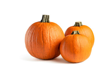 Pumpkin on a white background. Isolated halloween pumpkin isolate on white to insert into your project or design. Three orange pumpkins stacked in a pile cast a shadow - Powered by Adobe