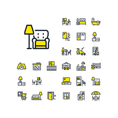 Armchair and floor lamp line icon in set on the white background. Two-color high quality outline symbol for web design or mobile app.
