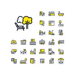 Deckchair in garden line icon in set on the white background. Two-color high quality outline symbol for web design or mobile app.
