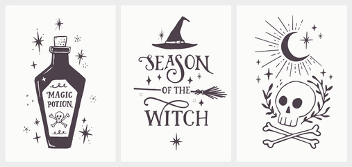Halloween Vector Set. Hand Drawn Vintage Illustration with Magic Potion Bottle, Handwritten Season of the Witch Phrase,  Scull and Croos-bones. Isolated on a Off-White Background. Ideal as Wall Art.