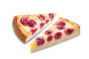 Fresh sweet cheesecake with cherries and almond sprinkles on a white isolated background