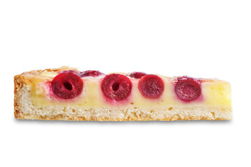 Fresh sweet cheesecake with cherries and almond sprinkles on a white isolated background