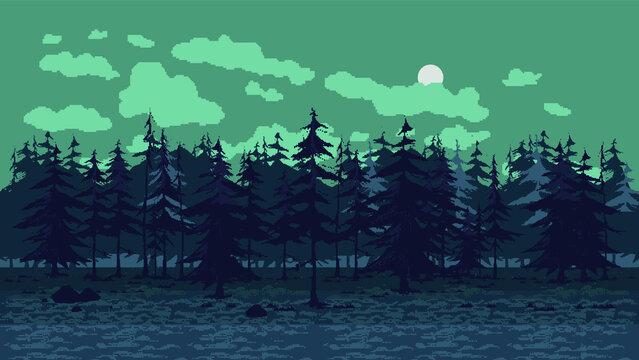 Pixel art background with forest for games and mobile applications. Seamless when docking horizontally. Halloween background in pixel art, 8 bit, 16 bit
