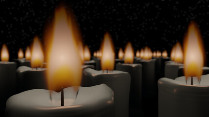 Candle wick and its flame in close range with mixed blur candle group in background (3D Rendering)