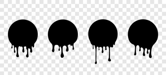 Dripping liquid stickers set. Black paint melting shapes for design. Vector shapes