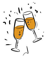 Two champagne glasses cheers, color vector illustration