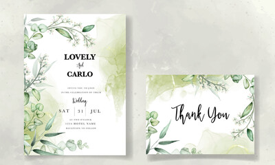 wedding invitation card template with eucalyptus leaves watercolor