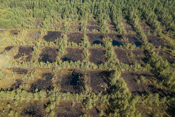 Areal view of bog where peat was once extracted. Panes that look like checkers or a chess board.