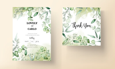 wedding invitation card template with eucalyptus leaves watercolor