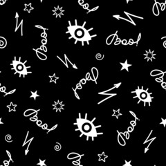 Vector illustration of Halloween seamless pattern with handwriting Boo inscription and creepy signs on a black backdrop