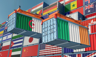 Freight containers with Algeria and Ireland national flags. 3D Rendering 