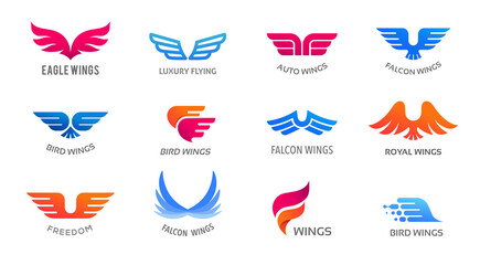Collection of wings logos, icons and symbols. Fast delivery, motion and speed concept.