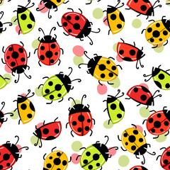 Fototapeta premium Fashion animal seamless pattern with colorful ladybird on white background. Cute holiday illustration with ladybags for baby. Design for invitation, poster, card, fabric, textile