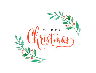 Merry Christmas background. Vector watercolor lettering design with elegant wreath illustration