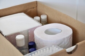 Personal hygiene products (toilet paper, napkins, antibacterial gel, Sanitizer, Cotton swab) in a...