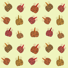 Pumpkin Leopard vector seamless pattern in different colors on yellow background  . Great for Thanksgiving and autumn posters, greeting cards, textile, wallpaper and gift wrapping paper. 