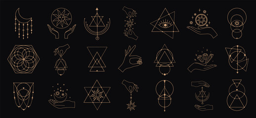 Big vector set of magic and astrological symbols. Mystical signs, silhouettes. Esoteric aesthetics. - obrazy, fototapety, plakaty
