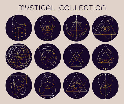 Set of vector trendy geometric line icons. Symbols collection. Religion, philosophy, spirituality, occultism.