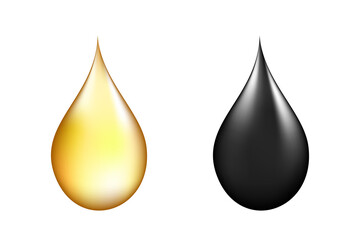 Black and gold oil drop on white isolated background.