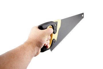 Hand saw with wooden handle and black blade isolated on white