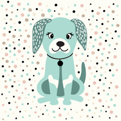 Cartoon colorfull funny cute with a dog on background dots. For printing baby textile, fabrics, design, decor, gift wrapping, paper, baby shower, greeting card, notepad, scrapbooking.