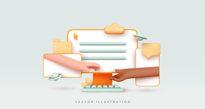 Communication through electronic gadgets. Desktop computer, mobile phone, modern tablet, Realistic 3d design. Creative concept idea social networks, hands outstretched connect. Vector illustration