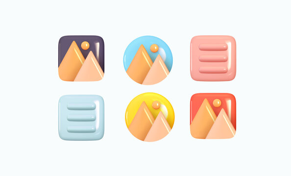 Set of gallery icons, images photos and videos. Realistic 3d design. Soft multicolored pastel colors. Vector illustration
