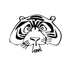 Doodle tiger head black and white sketch in freehand style isolated on white. Symbol of Chinese New Year 2022. Use for sticker, clip art, t-shirt printing, textiles, greeting card, Christmas poster.