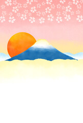富士山と初日の出と桜　年賀状
