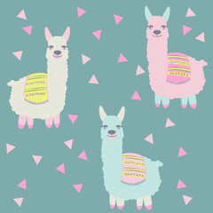 Vector alpaca pattern for kids. Colorful seamless alpaca, triangle, clouds and mountains pattern. Perfect for greetings, invitations, manufacture wrapping paper, textile and web design. Vector pattern