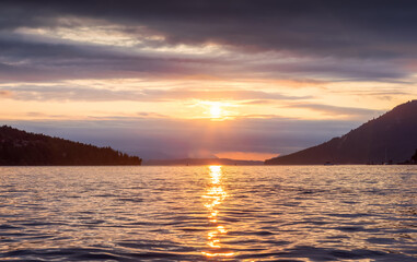 Gulf Islands on the West Coast of Pacific Ocean. Canadian Nature Landscape Background. Sunny Summer Sunset. Near Victoria, Vancouver Island, BC, Canada.