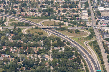 Cloverleaf Exit off of I-94 near Skokie, Illinois, USA as seen from the air.