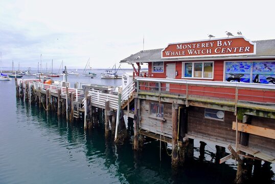 Monterey Bay, California: Monterey Bay Whale Watch Center on Fisherman's Wharf. Whale watching tours are a popular tourist activity in the Monterey Bay. Red building on a pier or dock.