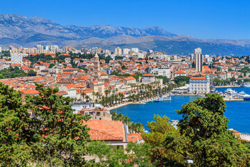 Fototapeta na wymiar Coastal summer cityscape - top view of the city of Split, the Adriatic coast of Croatia