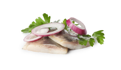 Delicious salted herring slices with onion rings and parsley on white background